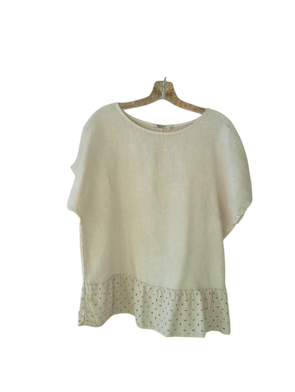 Spazio Chic Light Tan Dolman Sleeve Eyelet Hem Linen Tunic Size Small